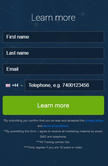 Screen shot of registration box of the Immediate Flow trading platform.