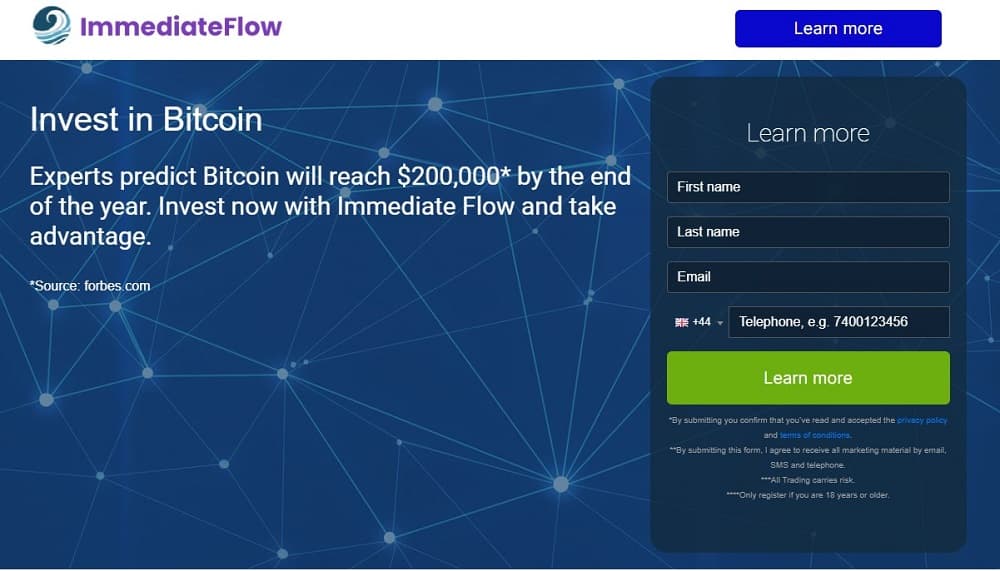 Screen shot of the main page of the Immediate Flow trading platform.