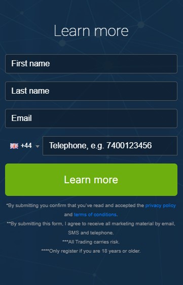 Screen shot of registration box of the Nearest Edge trading platform.