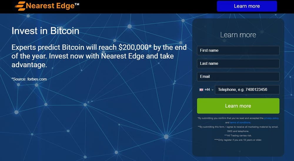 Screen shot of the main page of the Nearest Edge trading platform.