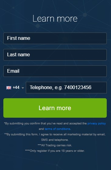 Screen shot of registration box of the Equinox Edge trading platform.