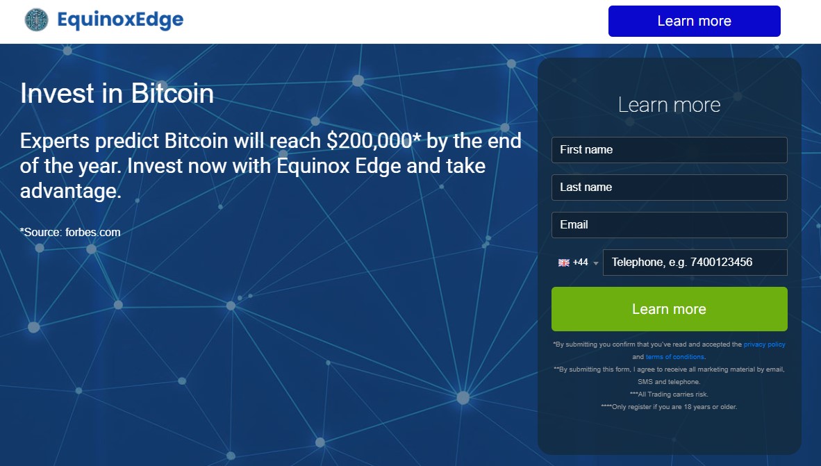 Screen shot of the main page of the Equinox Edge trading platform.