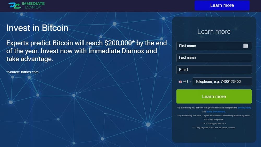 Screen shot of the main page of the Immediate Diamox trading platform.