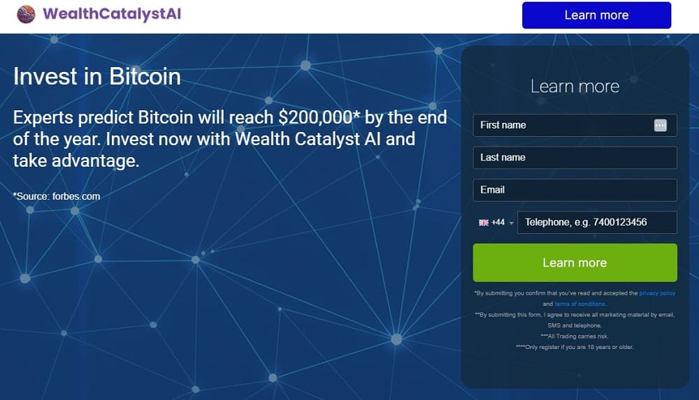 Screen shot of the main page of the Wealth Catalyst AI trading platform.