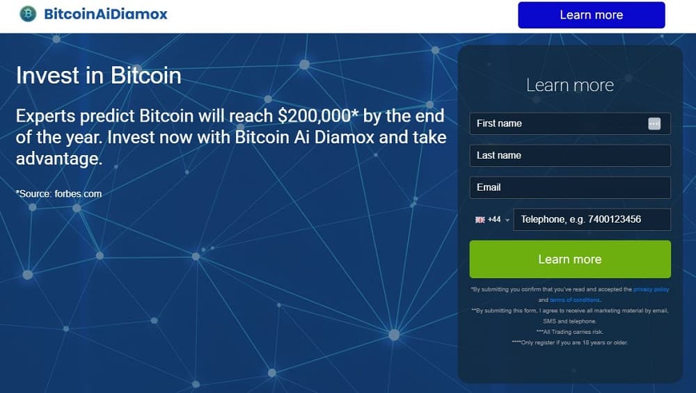 Screen shot of the main page of the Bitcoin Ai Diamox trading platform.