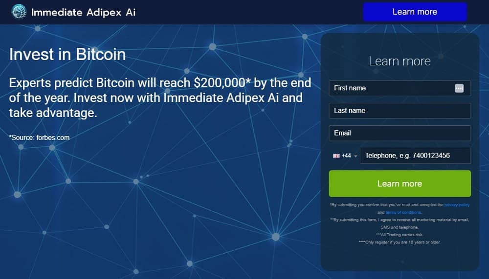 Screen shot of the main page of the Immediate Adipex trading platform.