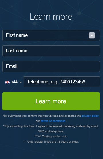 Screen shot of registration box of the Immediate Exalgo trading platform.