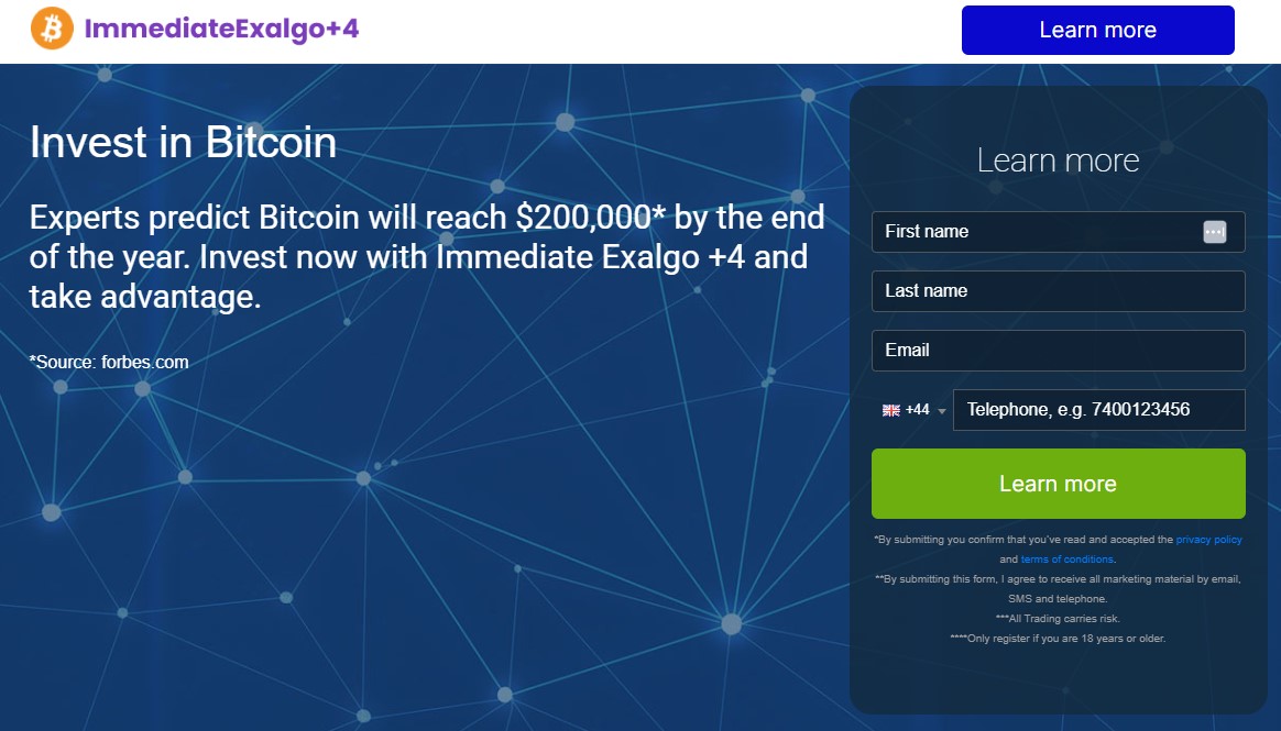 Screen shot of the main page of the Immediate Exalgo trading platform.