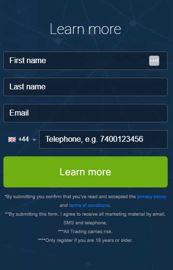 Screen shot of registration box of the Immediate FastX trading platform.