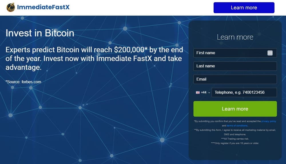 Screen shot of the main page of the Immediate FastX trading platform.