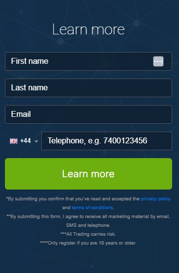 Screen shot of registration box of the Immediate Vision trading platform.