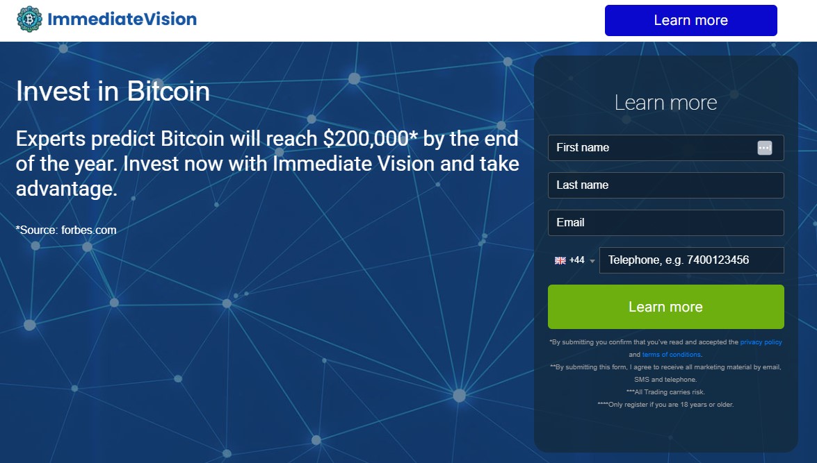 Screen shot of the main page of the Immediate Vision trading platform.